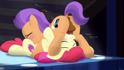 Size: 2560x1440 | Tagged: explicit, artist:dtcx97, apple bloom, 69 position, anus, apple bloom's bow, balls, blowjob, blushing, bow, colt, colt on filly, creampie, cum, cum in mouth, cutie mark, deepthroat, earth pony, female, filly, foal, foalcon, g4, hair bow, imported from derpibooru, male, my little pony: friendship is magic, nudity, on your marks, oral, oral creampie, penis, pony, sex, ship:tenderbloom, shipping, spotlight, straight, swallowing, tender taps, the cmc's cutie marks, throat swabbing, throatpie