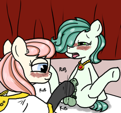 Size: 640x600 | Tagged: explicit, artist:ficficponyfic, oc, oc:emerald jewel, oc:hope blossoms, adult, amulet, balls, blushing, blushing profusely, boots, child, clothes, cockring, color, color edit, colored, colt, colt quest, earth pony, edit, female, flared, foal, foalcon, hoofjob, horsecock, imported from derpibooru, legs in air, male, mare, nudity, oc only, penis, pony, robe, sex, shipping, spread legs, spreading, straight, tongue out, too hot for putin
