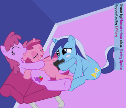Size: 960x823 | Tagged: explicit, artist:momoiro-kun, animated, berry punch, berrygatepinch family, berrypinch, blowjob, couch, ear bite, earth pony, female, foalcon, futa, futa on female, futa ruby pinch, g4, gif, group sex, imported from derpibooru, incest, intersex, minuette, mother and child, nudity, oral, penis, polyamory, pony, ruby pinch, sex, ship:berrygate, ship:berrygatepinch, ship:berrypinch, ship:drunkcest, ship:minupinch, shipping, text, threesome, unicorn