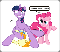 Size: 696x607 | Tagged: questionable, artist:cheesepuffs, pinkie pie, twilight sparkle, babycon, bedroom eyes, eyes rolling back, female, foalcon, funny porn, g4, gritted teeth, implied cunnilingus, implied oral, implied sex, imported from derpibooru, lesbian, mare on filly, pumpkin cake, show accurate, show accurate porn, twilight is a foal fiddler