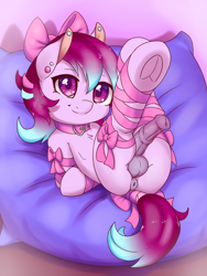 Size: 2250x3000 | Tagged: explicit, artist:fearingfun, oc, oc:ribbons, anus, balls, bow, collar, colt, cute, ear piercing, earring, earth pony, femboy, foal, foalcon, g4, genitals, hair accessory, hair bow, heart, high res, horsecock, imported from derpibooru, jewelry, looking at you, male, medial ring, nudity, oc only, on back, penis, piercing, pillow, ponut, pony, ribbon, smiling, solo, solo male, tail bow, tail wrap, underhoof