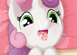 Size: 2000x1420 | Tagged: explicit, artist:sadieyule, sweetie belle, bukkake, cum, cum in mouth, facial, female, foalcon, g4, implied blowjob, implied oral, implied sex, implied straight, imported from derpibooru, oral, sex, solo, solo female, tongue out