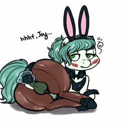 Size: 3000x3000 | Tagged: explicit, artist:hipsanon, oc, oc:emerald jewel, anal insertion, anal tail plug, anus, aroused, aura, balls, blushing, blushing profusely, bowtie, bunny ears, bunny suit, bunny tail, buttplug, child, clopfic in description, clothes, colt, colt quest, crossdressing, earth pony, easter, femboy, foal, foalcon, high res, holiday, hooker, huge butt, imported from derpibooru, insertion, large butt, lust, magic, male, nudity, oc only, panties, panties aside, penis, pony, prostitute, sex toy, shoes, solo, solo male, tight clothing, trap, underwear