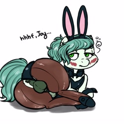 Size: 3000x3000 | Tagged: explicit, artist:hipsanon, oc, oc:emerald jewel, anus, aroused, balls, blushing, blushing profusely, bowtie, bunny ears, bunny suit, child, clopfic in description, clothes, colt, colt quest, crossdressing, earth pony, femboy, foal, foalcon, high res, huge butt, imported from derpibooru, large butt, lust, male, nudity, oc only, panties, panties aside, penis, pony, shoes, solo, solo male, tight clothing, trap, underwear