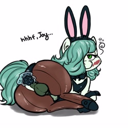 Size: 3000x3000 | Tagged: explicit, artist:hipsanon, oc, oc:emerald jewel, anal insertion, anal tail plug, aura, balls, bunny ears, bunny tail, buttplug, clopfic in description, clothes, colt, colt quest, easter, femboy, foal, foalcon, hair over one eye, high res, holiday, huge butt, imported from derpibooru, insertion, large butt, magic, male, nudity, oc only, penis, pony, sex toy, shoes, solo, solo male, tight clothing, trap