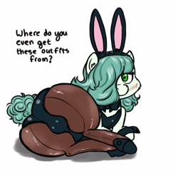 Size: 3000x3000 | Tagged: questionable, artist:hipsanon, oc, oc:emerald jewel, blushing, bunny ears, bunny suit, clopfic in description, clothes, colt, colt quest, crossdressing, crotch bulge, cute, earth pony, easter, femboy, foal, foalcon, girly, hair over one eye, high res, huge butt, imported from derpibooru, large butt, male, mooseknuckle, oc only, pony, solo, solo male, tight clothing, trap