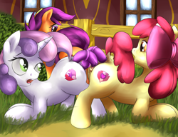 Size: 1900x1461 | Tagged: explicit, artist:teta, apple bloom, scootaloo, sweetie belle, anal insertion, anatomically correct, apple bloom's bow, bow, building, clitoris, cmc threesome, crusaders of the lost mark, cutie mark crusaders, dildo, dock, double penetration, doubleheaded dildo, earth pony, female, females only, fence, filly, filly on filly, foal, foalcon, g4, grass, group, group sex, hair bow, imported from derpibooru, insertion, lesbian, looking at each other, looking back, multiple penetration, my little pony: friendship is magic, nudity, open mouth, pegasus, penetration, pony, public sex, school, sex, sex toy, ship:sweetiebloomaloo, shipping, the cmc's cutie marks, threesome, trio, trio female, unicorn, vaginal insertion, vaginal secretions, vulva, vulvar winking, window
