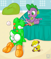Size: 1303x1511 | Tagged: explicit, artist:raukue, spike, age difference, anus, balls, blushing, crossover, cum, cumming, dragon, facial, foalcon, furry, g4, gay, imported from derpibooru, licking, licking cock, male, nudity, oral, penis, sex, super mario, tongue out, wingless spike, yoshi