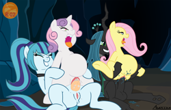 Size: 1414x910 | Tagged: explicit, artist:zetar02, fluttershy, queen chrysalis, sonata dusk, sweetie belle, ahegao, anus, balls, belly, cave, changeling, cum, cum inflation, female, filly, foal, foalcon, futa, futa on female, futa on filly, futa queen chrysalis, futa sonata dusk, g4, heart eyes, herm, imported from derpibooru, inflation, intersex, nudity, penetration, penis, ponified, pony, sex, vaginal, vulva, wingding eyes