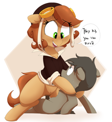 Size: 1298x1416 | Tagged: explicit, artist:whydomenhavenipples, oc, oc:copper wings, abstract background, anatomically correct, bipedal, bottomless, chest fluff, clothes, colt, cowgirl position, dialogue, duo, earth pony, female, floppy ears, foal, foalcon, goggles, heart, horsecock, implied creampie, imported from derpibooru, male, mare on colt, nudity, oc name needed, oc only, open mouth, penetration, penis, pony, sex, shirt, smiling, straight, straight shota, sweat, vaginal, vulva
