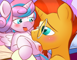 Size: 3850x2975 | Tagged: explicit, artist:vsdrawfag, princess flurry heart, anus, babycon, bedroom eyes, blushing, book, clitoral hood, colored pupils, cunnilingus, female, flurryburst, foalcon, g4, glasses, high res, imported from derpibooru, licking, lidded eyes, looking at each other, male, my little pony: friendship is magic, no exceptions, nudity, on back, open mouth, oral, sex, spread legs, spreading, straight, sunburst, the crystalling, tongue out, vulva