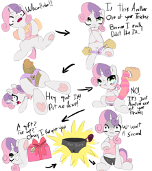 Size: 2069x2327 | Tagged: explicit, artist:jonathan the awesome, sweetie belle, blushing, chastity, chastity belt, clothes, comic, crying, denied, derpibooru exclusive, embarrassed, foalcon, frog (hoof), g4, high res, hoof heart, hotdogging, human, human male, human male on filly, human on pony action, human penis, imported from derpibooru, interspecies, male, nudity, panties, penis, pink underwear, pony, present, shirt, sock, straight, tank top, underhoof, underwear