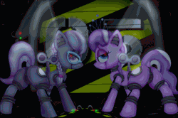 Size: 700x466 | Tagged: explicit, artist:paulpeopless, diamond tiara, silver spoon, animated, butt, dark, dock, female, foalcon, g4, imported from derpibooru, lightning, looking at you, nudity, plot, pony, presenting, rear port, robot, robot pony, roboticization, vagina