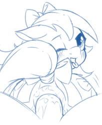 Size: 1280x1565 | Tagged: explicit, artist:fearingfun, oc, oc:ribbons, age difference, ahegao, anal, both cutie marks, butt, colt, crossdressing, femboy, foal, foalcon, gay, hair bow, imported from derpibooru, looking at you, looking back, male, male pov, monochrome, nudity, oc only, offscreen character, penis, plot, pony, pony on pony action, pov, sex, stallion, stallion on colt, tail bow, wink