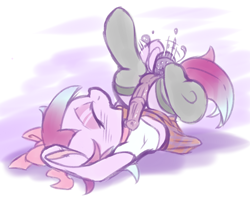 Size: 2540x2023 | Tagged: explicit, artist:fearingfun, oc, oc:ribbons, anal insertion, arm behind head, balls, clothes, colt, crossdressing, dildo, femboy, foal, foalcon, high res, horsecock, imported from derpibooru, insertion, legs in air, male, masturbation, nudity, oc only, on back, penis, pony, reasonably sized genitals, sex toy, skirt, socks, solo, solo male, underhoof