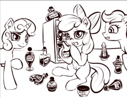 Size: 881x678 | Tagged: questionable, artist:sapsan, apple bloom, scootaloo, sweetie belle, crotchboobs, cutie mark crusaders, engrish, female, foalcon, g4, imported from derpibooru, looking at you, monochrome, nipples, nudity, open mouth, potion, teats, this will not end well, wip