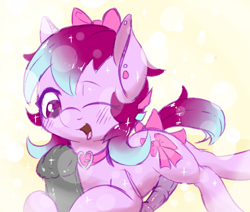 Size: 2553x2166 | Tagged: explicit, artist:fearingfun, oc, oc:ribbons, age difference, bow, collar, colt, ear piercing, earring, femboy, foal, foalcon, gay, hair accessory, hair bow, heart, high res, horsecock, imported from derpibooru, jewelry, male, nudity, oc only, one eye closed, penis, piercing, pony, reasonably sized genitals, smiling, stallion, stallion on colt, tail bow, wink