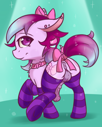 Size: 2250x2804 | Tagged: explicit, artist:fearingfun, oc, oc:ribbons, anus, balls, bow, butt, clothes, collar, colt, crossdressing, cute, ear piercing, earring, earth pony, femboy, foal, foalcon, g4, genitals, hair accessory, hair bow, heart, high res, horsecock, imported from derpibooru, jewelry, looking back, male, nudity, oc only, penis, piercing, plot, ponut, pony, presenting, reasonably sized genitals, socks, solo, solo male, stallion, striped socks, tail bow, underhoof