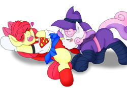 Size: 2632x1829 | Tagged: questionable, artist:blackbewhite2k7, apple bloom, sweetie belle, blushing, clothes, commission, female, foalcon, g4, imported from derpibooru, kissing, lesbian, mare do well, panties, red underwear, ship:sweetiebloom, shipping, skirt, supergirl, sweetie do well, through clothes, underwear, upskirt