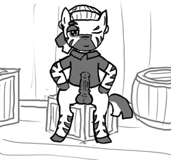 Size: 640x600 | Tagged: explicit, artist:ficficponyfic, oc, oc:adetokunbo, adult, aroused, balls, barrel, box, boxes, clopfic in description, clothes, colt quest, crate, erection, foalcon, gay, hat, imminent sex, imported from derpibooru, male, nudity, oc only, penis, pirate, pirate ship, room, ship, smiling, spread legs, spreading, stallion, story included, toque, wink, wood, zebra