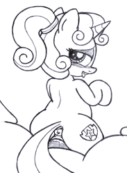 Size: 1927x2636 | Tagged: explicit, artist:an-tonio, sweetie belle, anus, blushing, cutie mark, female, foalcon, g4, horsecock, imported from derpibooru, looking back, male, monochrome, nudity, penetration, penis, ponut, ponytail, reverse cowgirl, sex, straight, the cmc's cutie marks, traditional art, vaginal