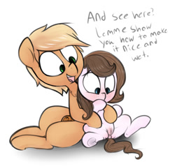 Size: 1080x1026 | Tagged: explicit, grotesque, artist:princess-katie, artist:whydomenhavenipples, oc, age difference, anus, blushing, chest fluff, dialogue, earth pony, edit, eyes on the prize, female, filly, foal, foalcon, imported from derpibooru, looking down, male, molestation, nudity, oc only, ponut, pony, sex education, sheath, simple background, sitting, smiling, spread legs, spreading, stallion on filly, straight, underhoof, vulva, white background