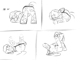 Size: 1560x1232 | Tagged: explicit, artist:mired, anus, ass up, balls, butt, clothes, colt, comic, face down ass up, foal, foalcon, imported from derpibooru, male, monochrome, nudity, pajamas, plot, pony, presenting, sheath, sketch, solo, solo male, undressing