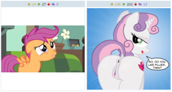 Size: 1030x553 | Tagged: explicit, artist:an-tonio, artist:lord waite, scootaloo, sweetie belle, anatomically correct, anus, butt, clitoris, colored, cute, cutie mark, derpibooru, dialogue, dock, edit, edited screencap, female, filly, flight to the finish, foal, foalcon, g4, imported from derpibooru, juxtaposition, looking at you, looking back, meta, my little pony: friendship is magic, nudity, plot, ponut, pony, presenting, sad, screencap, show accurate, show accurate porn, speech bubble, sweetie butt, teary eyes, the ass was fat, the cmc's cutie marks, unicorn, vulva
