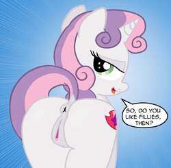 Size: 1822x1782 | Tagged: explicit, artist:an-tonio, artist:lord waite, sweetie belle, anatomically correct, anus, butt, clitoris, colored, cutie mark, dialogue, dock, female, filly, foal, foalcon, g4, imported from derpibooru, looking at you, looking back, nudity, plot, ponut, pony, presenting, show accurate, show accurate porn, solo, solo female, speech bubble, sweetie butt, the cmc's cutie marks, unicorn, vulva