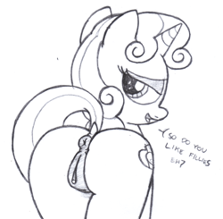 Size: 1822x1782 | Tagged: explicit, artist:an-tonio, sweetie belle, anatomically correct, anus, butt, clitoris, cutie mark, dialogue, dock, female, filly, foal, foalcon, g4, imported from derpibooru, looking at you, looking back, monochrome, nudity, plot, ponut, pony, presenting, solo, solo female, sweetie butt, the cmc's cutie marks, traditional art, unicorn, vulva