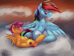 Size: 2600x2000 | Tagged: explicit, artist:teta, rainbow dash, scootaloo, anus, blushing, butt, cloud, cutie mark, foalcon, futa, futa on female, futa scootaloo, g4, high res, horsecock, imported from derpibooru, intersex, nudity, open mouth, penetration, penis, plot, ponut, sex, ship:scootadash, shipping, the cmc's cutie marks, vaginal, vaginal secretions, vulva, wingboner