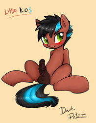 Size: 3566x4558 | Tagged: explicit, artist:potzm, oc, oc:kos, balls, blushing, colt, earth pony, foal, foalcon, horsecock, imported from derpibooru, male, nudity, oc only, penis, pony, solo, solo male