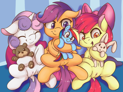 Size: 3000x2250 | Tagged: explicit, artist:fearingfun, apple bloom, rainbow dash, scootaloo, sweetie belle, accidentally featured on eqd, adorabloom, adorasexy, belly button, bow, casual nudity, clitoral hood, colored pupils, cute, cute porn, cutealoo, cutie mark crusaders, diasweetes, dock, earth pony, eyes closed, female, females only, filly, floppy ears, foal, foalcon, g4, genitals, hair bow, high res, human vulva on pony, imported from derpibooru, nudity, paw pads, pegasus, plushie, pony, presenting, presenting pussy, semi-anthro, sexy, sitting, smiling, spread legs, teddy bear, unicorn, vulva