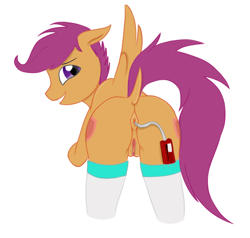 Size: 720x684 | Tagged: explicit, artist:raithial, scootaloo, anal insertion, anus, clothes, edit, female, foalcon, g4, human vulva on pony, imported from derpibooru, insertion, looking at you, looking back, nudity, pony, presenting, sex, sex toy, socks, solo, solo female, vagina, vibrator, vulva