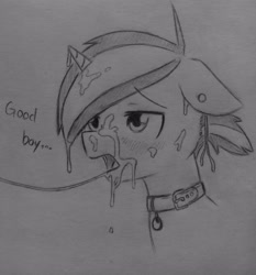 Size: 1920x2059 | Tagged: explicit, artist:subimaru_kai, oc, oc:snowy, collar, colt, cum, cum on body, cum on hair, cum on horn, facial, foal, foalcon, gay, horn, imported from derpibooru, male, oc only, offscreen character, pet tag, piercing