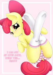 Size: 1240x1754 | Tagged: questionable, artist:ya-ya-tan, apple bloom, apple bloom's bow, bow, cameltoe, clothes, dialogue, dock, earth pony, female, foalcon, g4, hair bow, imported from derpibooru, legwear, looking at you, panties, pony, socks, solo, solo female, striped underwear, thigh highs, underhoof, underwear