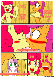 Size: 1240x1754 | Tagged: explicit, artist:otakon, apple bloom, scootaloo, sweetie belle, comic:the belle and the fat, anthro, bedroom eyes, blushing, blushing profusely, breasts, casual nudity, come at me bro, come here, come hither, comic, cutie mark crusaders, delicious flat chest, drool, earth pony, eyes closed, female, flatie belle, flattle bloom, foalcon, french kiss, g4, heart, implied applecest, implied cousin incest, implied incest, implied shipping, imported from derpibooru, kissing, lesbian, nipples, nudity, open mouth, panting, patreon, scootaflat, ship:scootabloom, shipping, sweat, sweatdrop, sweatdrops, sweating profusely