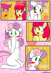 Size: 1240x1754 | Tagged: questionable, artist:otakon, apple bloom, scootaloo, sweetie belle, comic:the belle and the fat, :o, anthro, belly button, blushing, breasts, casual nudity, comic, cutie mark crusaders, delicious flat chest, earth pony, embarrassed, female, females only, flatie belle, foalcon, g4, imported from derpibooru, kneeling, nipples, nudity, open mouth, patreon, smiling, sweatdrop, wide eyes