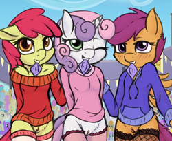Size: 1636x1344 | Tagged: explicit, artist:fearingfun, apple bloom, scootaloo, sweetie belle, adorabloom, anthro, breasts, clothes, colored, condom, condom in mouth, cute, cutealoo, cutie mark crusaders, diasweetes, earth pony, edit, exhibitionism, female, females only, foalcon, g4, hoodie, imported from derpibooru, inviting, inviting you, looking at you, mouth hold, no shame, nudity, pegasus, public, sweater, unicorn, vulva