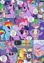 Size: 1771x2508 | Tagged: explicit, artist:kyokimute, applejack, pinkie pie, rainbow dash, rarity, spike, twilight sparkle, comic:to all my fans..., alicorn, anal insertion, anus, ass, audience, balls, butt, camera, comic, crystal pony, earth pony, femdom, flipping tables, foalcon, futa, futa pinkie pie, futa rainbow dash, futa twilight sparkle, g4, harness, horn, horsecock, imported from derpibooru, insertion, intersex, magic, nudity, pegasus, penis, pinkieboo, plot, ponut, pony, reasonably sized genitals, saddle, sex, sex toy, ship:rarijack, shipping, strapon, the end, to be continued, unicorn, vaginal insertion, wings