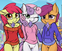 Size: 1636x1344 | Tagged: explicit, artist:fearingfun, apple bloom, scootaloo, sweetie belle, adorabloom, anthro, bottomless, breasts, clothes, colored, condom, condom in mouth, cute, cutealoo, cutie mark crusaders, diasweetes, earth pony, edit, female, females only, filly, foal, foalcon, g4, hoodie, imported from derpibooru, inviting, inviting you, looking at you, mouth hold, nudity, pegasus, public, sweater, unicorn, vulva