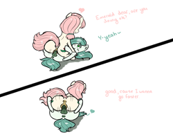 Size: 2109x1648 | Tagged: explicit, artist:hipsanon, oc, oc:emerald jewel, oc:hope blossoms, 2 panel comic, adult, anus, ass, both cutie marks, butt, child, color, colt, colt quest, comic, cowgirl position, earth pony, female, foal, foalcon, happy sex, heart, imported from derpibooru, large butt, male, mare, mare on colt, nudity, oc only, penis, ponut, pony, reasonably sized genitals, reasonably sized penis, sex, smiling, straight, straight shota, too hot for putin, vaginal secretions, vulva, young