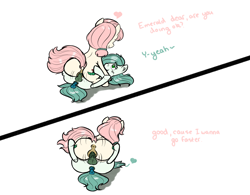 Size: 2109x1648 | Tagged: explicit, artist:hipsanon, oc, oc:emerald jewel, oc:hope blossoms, 2 panel comic, adult, anatomically correct, anus, ass, balls, both cutie marks, butt, child, color, colt, colt quest, comic, dark genitals, dildo, dock, female, foal, foalcon, genitals, happy sex, heart, horsecock, imported from derpibooru, large butt, male, mare, mare on colt, nudity, oc only, penetration, penis, ponut, pony, reasonably sized genitals, sex, sex toy, smiling, straight, straight shota, vaginal, vaginal secretions, vulva, young