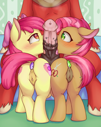 Size: 2000x2500 | Tagged: explicit, artist:fearingfun, apple bloom, babs seed, age difference, anal insertion, apple bloom's bow, applecest, balls, big macintosh, big macintosh's yoke, blowjob, blushing, bow, brother and sister, buttplug, cousins, dock, double blowjob, earth pony, female, filly, foal, foalcon, g4, hair bow, high res, horse collar, imported from derpibooru, incest, insertion, jeweled buttplug, male, multiple blowjob, nudity, oral, penis, pony, sex, sex toy, ship:macbloom, ship:macseed, shipping, siblings, sitting, stallion, stallion on filly, straight, the cmc's cutie marks, tongue out, vaginal secretions, vulva