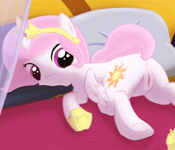 Size: 1600x1373 | Tagged: explicit, artist:sadieyule, princess celestia, anus, bed, bedroom, cewestia, cutie mark, female, filly, foal, foalcon, g4, human vulva on pony, imported from derpibooru, nudity, pink-mane celestia, pony, presenting, raised tail, smiling, solo, solo female, underhoof, vulva, younger