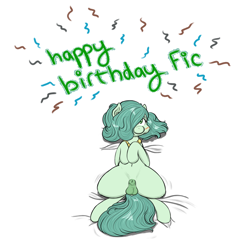 Size: 1500x1434 | Tagged: explicit, artist:hipsanon, oc, oc:emerald jewel, balls, bed, blushing, child, colt, colt quest, colt shaft, cute, earth pony, femboy, flaccid, foal, foalcon, gift art, happy birthday, implied foalcon, implied sex, imported from derpibooru, male, nudity, oc only, on back, penis, pony, presenting, solo, solo male, trap