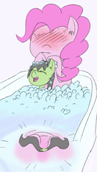 Size: 720x1280 | Tagged: questionable, artist:happy harvey, pinkie pie, oc, oc:filly anon, accidental stimulation, bath, bathing, blushing, female, females only, filly, foal, foalcon, g4, implied foalcon, imported from derpibooru, lesbian, mare on filly, phone drawing, pony, tail wag