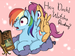 Size: 2000x1500 | Tagged: questionable, artist:jonathan the awesome, rainbow dash, scootaloo, accidental sex, blank flank, book, daring do, derpibooru exclusive, dialogue, foalcon, from behind, funny, futa, futa filly, futa on female, futa scootaloo, g4, imported from derpibooru, intersex, pegasus, pony, sex, ship:scootadash, shipping, softcore, surprise sex, underhoof, wingboner