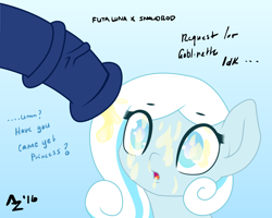 Size: 6614x5304 | Tagged: explicit, artist:aer0 zer0, princess luna, oc, oc:snowdrop, absurd resolution, blind, cock shock, color edit, colored, cum, cum in eye, cum on eyes, cumming, edit, facial, foalcon, futa, futa on female, futa on filly, futa princess luna, g4, gradient background, horsecock, imported from derpibooru, intersex, looking up, nudity, offscreen character, penis, we are going to hell, yellow cum