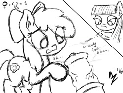 Size: 1024x768 | Tagged: explicit, artist:aer0 zer0, apple bloom, age difference, apple bloom's bow, bow, confused, cutie mark, dialogue, earth pony, eyes on the prize, female, filly, foal, foalcon, futa, futa maud pie, g4, grayscale, hair bow, implied blowjob, implied oral, implied sex, imported from derpibooru, intersex, lineart, maud pie, maudbloom, monochrome, nudity, open mouth, penis, pony, raised hoof, reacting to nudity, the cmc's cutie marks, vein, veiny cock
